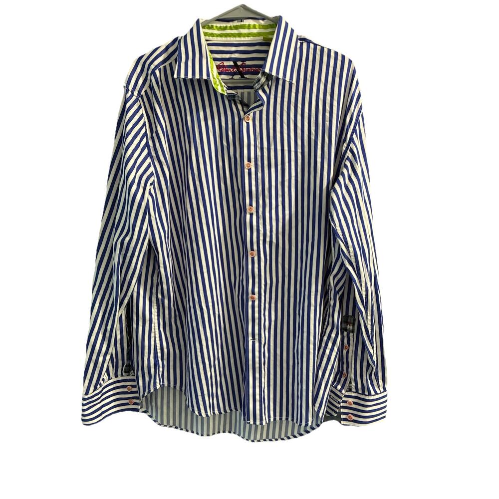 Robert Graham Dress Shirt Men's SZ XL Long Sleeve Blue Striped Flip Cuff